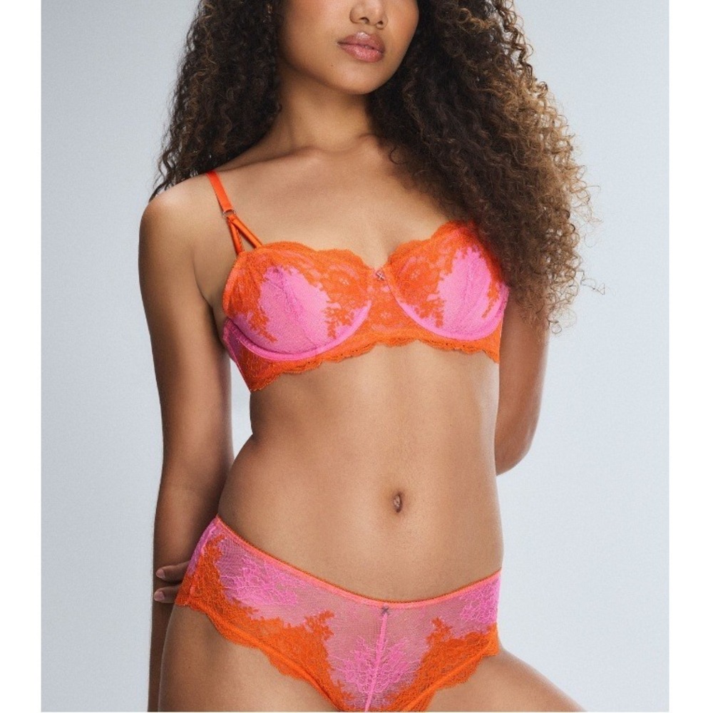 Savage X Fenty Women's Pink Orange Lacestruck Unlined Balconette Bra NWT 36DD‎